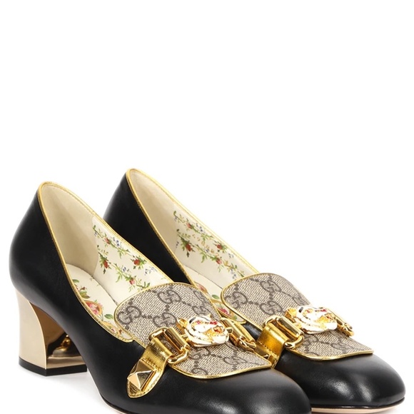 Gucci Women's Tiger Head Heeled Loafers Leather and GG Coated Canvas - Picture 9 of 9